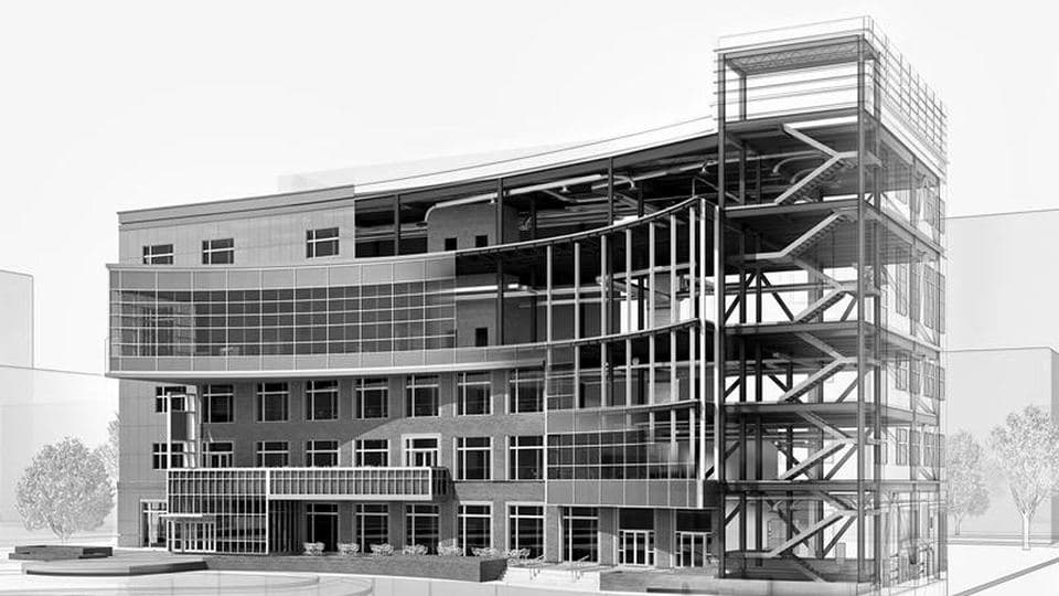 A building model showing its structural frame